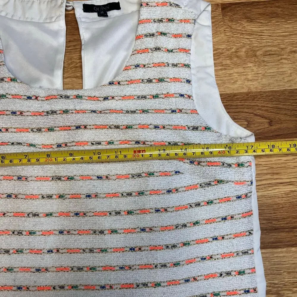 Quinn Sz M Tweed Shift Dress White Sleeveless Pastel Coastal Preppy Spring Style